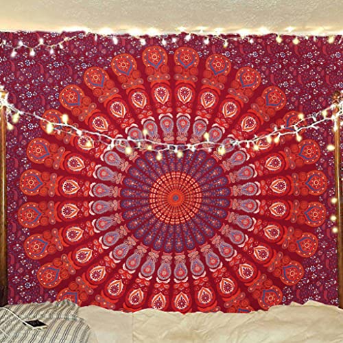 Bless International Handmade Indian hippie Bohemian Psychedelic Peacock Mandala Wall hanging College Dorm Beach Throws Table Cloth Bedding Tapestry (Blue Red, King(88x104Inches)(225x265Cms)) - color: Blue Red, size: 104"L x 88"W