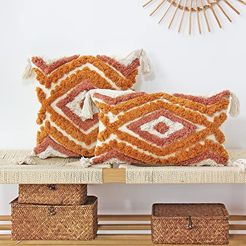 JOJUSIS Boho Lumbar Throw Pillow Covers with Handmade Tassels Decorative Woven Tufted Orange Lumbar Pillowcase for Couch Bedroom 12 x 20 Inch - color: Orange, size: 20" x 12" (Pack of 1)