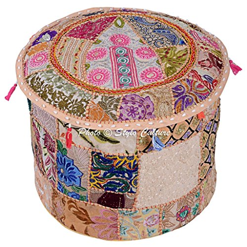 Round Ethnic Cotton Ottoman Pouf Cover Patchwork Embroidered Beige Floral Pouffe Furniture Stool Indian 45 cm Footstool Floor Cushion Decor Bean Bag Living Room - color: Beige