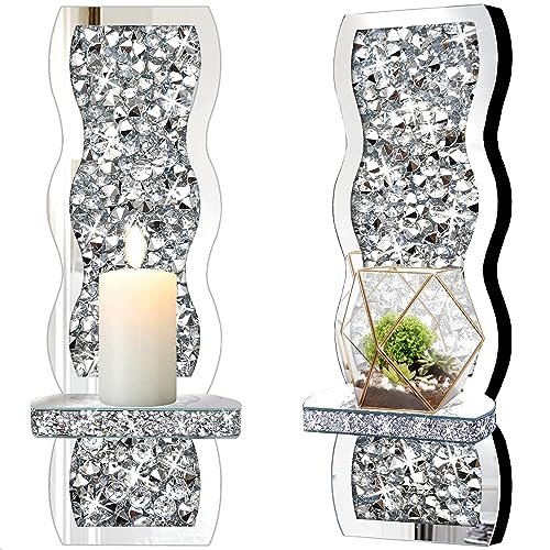 ZOLAPI Set of 2 Crystal Crush Diamond Candle Sconces, Gorgeous Silver Mirrored Wall Sconce, Wave Pattern Irregular Candle Holder Glass Wall Decorations for Home Décor, Living Room, Dining Room. - color: Silver Mirror ③
