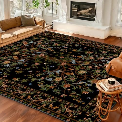 8x10 Area Rugs Black, Machine Washable Non-Slip Rug, Boho Floral Botanical Soft Low Pile Throw Rugs for Living Room, Bedroom,Dining Room, Office - color: Black, size: 10' x 8' (Rectangular)