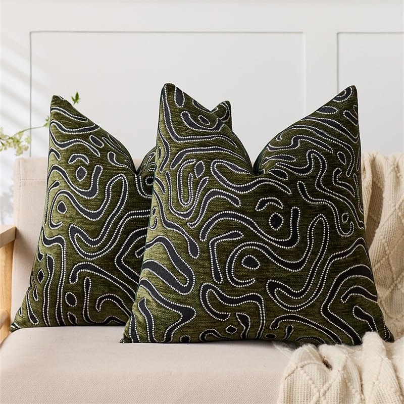 Mantle & Mason Throw Pillow Covers 18x18 Chenille Pillow Covers Set of 2, Olive Green Modern Abstract Luxury Textured Decorative Pillow Cover for Couch Sofa Bed Living Room - color: Artflow Forest Green, size: 18" x 18" (Pack of 2)