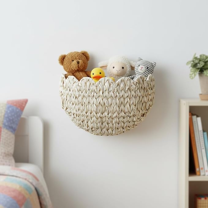 Wicker Wall Basket,Scalloped Hanging Wall Basket for Storage and Organizing,Wicker Decorative Storage Baskets for Flower,Magazine,Nursery,Front Door,Bathroom Boho Decor