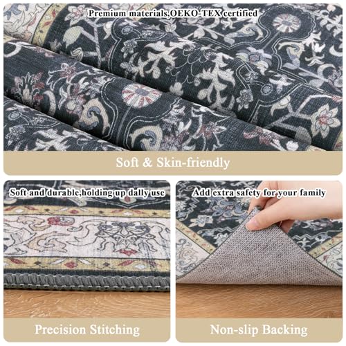 U'Artlines 2' x 6' Boho Hallway Runner Rug Vintage Farmhouse Non Slip Soft Washable Accent Runner Carpet for Kitchen, Entryway, Laundry, Living Room(Dark Grey) - color: Dark Grey, size: 2' x 6' (Runner)