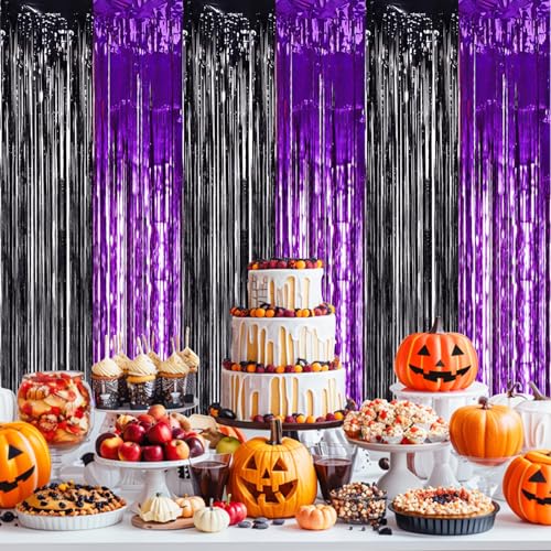 TONIFUL 2Pcs Black Purple Door Streamers,Photo Booth Backdrop Metallic Streamers Foil Fringe Curtains for Birthday Christmas New Year Bachelorette Halloween Party Streamers Decor - color: Black Purple