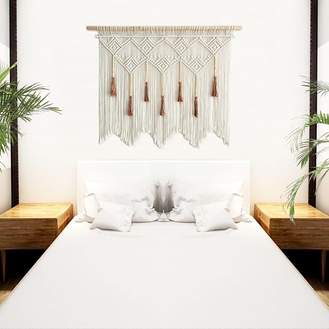 Youngeast Large Macrame Wall Hanging Boho Woven Tapestry Bohemian Macrame Wall Decor Handmade Tassel Tapestry Home Decoration for Bedroom Living Room 39"X31" (Wood Dowels Not Included) (Beige)