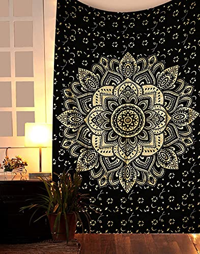 Rajsee Gold Mandala Tapestry - Boho Bedroom Aesthetic - Trippy Large Wall Hanging - Black Gold Wall Art 82x92 Inches - color: Black and Gold, size: 92"L x 82"W
