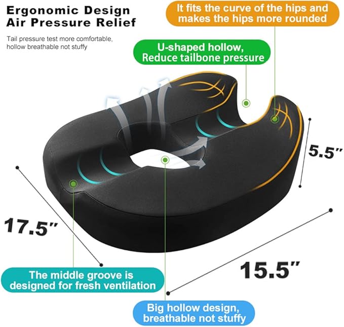 Donut Pillow Coccyx Seat Cushion for Prostate, Sciatica, Pelvic Floor, Pressure Sores, Pregnancy, Perineal Surgery, Postpartum Recovery Pain Pressure Relief Memory Foam Chair Pad