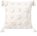 PLWORLD Boho White Throw Pillow Cover 20x20 Inch with Tassels, Pom Pom Tufted Decorative Cream Chenille Fabric Accent Textured Cushion Case for Bed Couch, 1 PC Cover Only No Insert