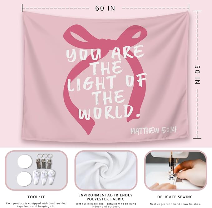LIANGW Pink Coquette Bow Christian Tapestry, Inspirational Christian Tapestry for Women, Indoor Outdoor Wall Art for Bedroom, Girl Room Decoration Living Room Bedroom 50x60 inches