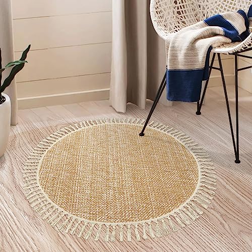 Collive Hand Woven Round Area Rug Soft Cotton Machine Washable Carpet 3ft Farmhouse Rugs with Tassels, Tan/Cream Circle Rugs for Bedroom Living Room Dining Room Table Office - color: Tan/Cream, size: 3' (Round)