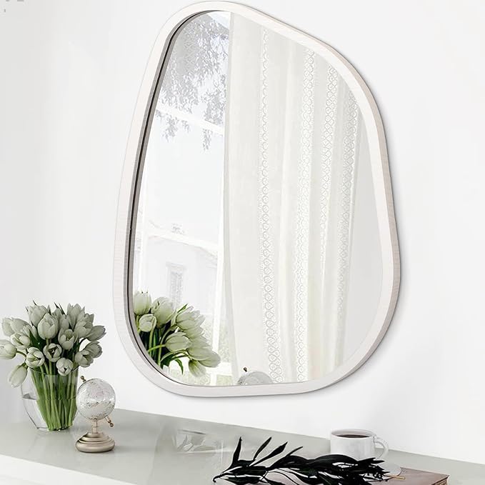 Irregular Wooden Framed Wall Mirror Modern Asymmetrical Unique Hanging Mirror Artistic Boho Mirror Decor Bathroom Vanity Bedroom Living Room Entryway Hallway 14'' x 10''