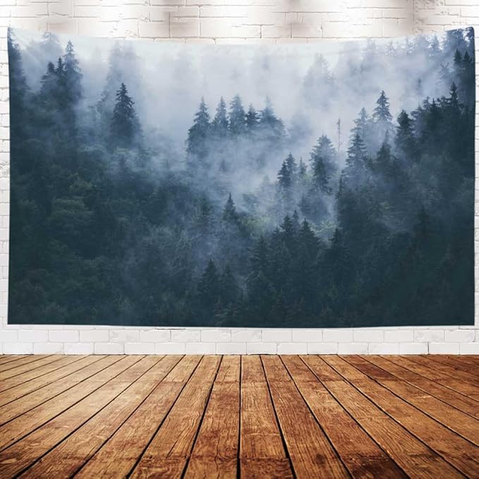 EMMTEEY Forest Tapestry Wall Hanging Wall Art Tapestry Misty Foggy Mountain Landscape with Fir Small Tapestry 60X40 Tapestry for Bedroom Living Room