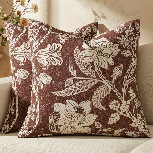 Floral Throw Pillow Covers 16x16：Chocolate Brown Vintage Floral Pillows Decorative Covers Boho Patterned Cotton Accent Modern Farmhouse Neutral Covers for Sofa Bed Living Room Pillowcases Set of 2 - color: Bf-chocolate Brown, size: 16" x 16" (Pack of 2)