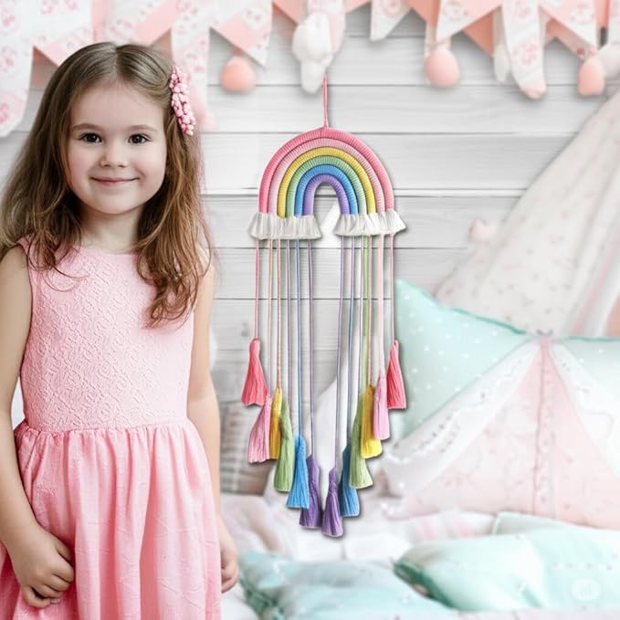 Rainbow Macrame Wall Hanging - Hand-Woven Cotton Tassel Tapestry Decor for Baby Room, Nursery, and Home Decor (Pink Rainbow)