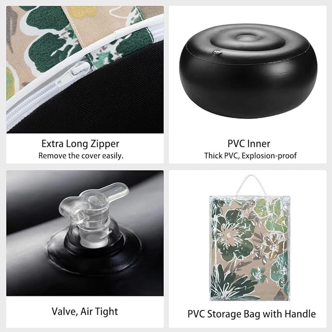 Magpie Fabrics Inflatable Stool Ottoman Pouf D20 xH9, Outdoor Round Footrest Footstool with Foot Pump, Portable for Patio Garden Travel Camping - Green Floral