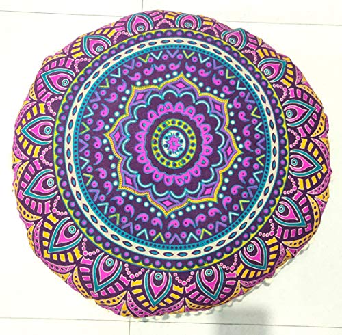 INDIAN CRAFT CASTLE New Pink Ombre 24" Mandala Barmeri Large Floor Pillow Cover Cushion Meditation Seating Ottoman Throw Cover Hippie Decorative Zipped Bohemian Pouf Ottoman Pom Pom Cases 24" Round - color: Pink Yellow, style: 24 Inch Round