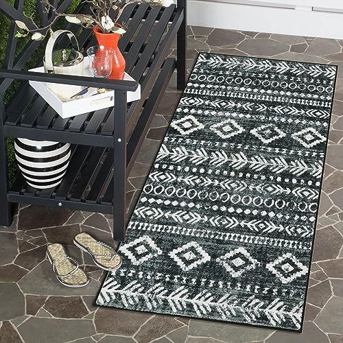 Lahome Boho Moroccan Kitchen Rug, Washable Black White 2x4 Entryway Rugs Non Slip with Rubber Backing, Low-Pile Soft Farmhouse Tribal Print Throw Rug Indoor Small Carpet for Bathroom Entry Varena - color: Black/White, size: 2' x 4'
