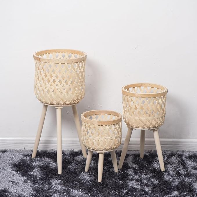 Nordic Style Rattan Flower Pot Indoor Balcony Living Room Plant Green Flowers Hand-Woven Wooden Tall Floor Flower Stand (Beige, 9.7x17inch(24.5x43cm))