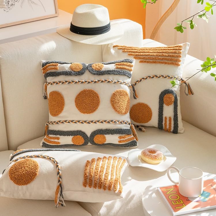 Bohemian Style Tufted Pillowcase Hand Painted Cushion Pillow Cover with Tassel Detail for Living Room Sofa and Office Lumbar Support (18 * 18(Including Pillow core),A) - color: A