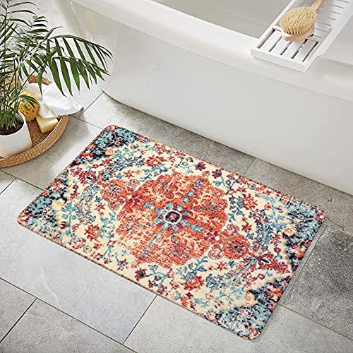 Lahome Reine Bohemian Floral Medallion Area Rug - 2x3 Oriental Distressed Small Bath Rug Country Vintage Doormat Faux Wool Non-Slip Washable Low-Pile Carpet for Bathroom Kitchen Laundry Room Decor - color: Orange/Multi, size: 2' x 3' (Rectangular)