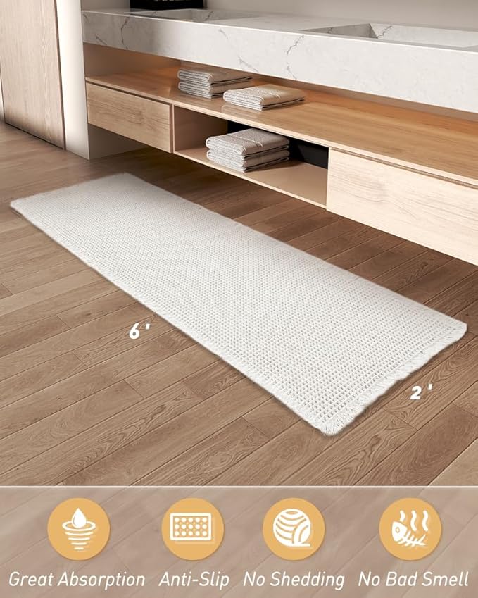 Upgraded Waffle Runner Rug Super Absorbent Non Slip Bath Mats for Bathroom Floor, Washable Boho Bathroom Runner Rug with Tassels, Ideal for Hallway Bedroom Laundry Room, 2' x 6', White