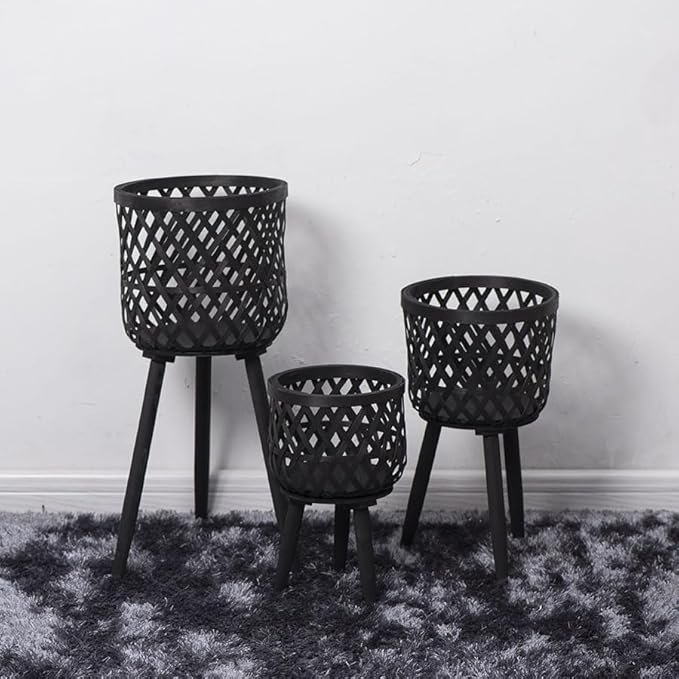 Nordic Style Rattan Flower Pot Indoor Balcony Living Room Plant Green Flowers Hand-Woven Wooden Tall Floor Flower Stand (Black, 9.7x17inch(24.5x43cm))