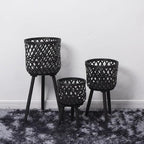 Nordic Style Rattan Flower Pot Indoor Balcony Living Room Plant Green Flowers Hand-Woven Wooden Tall Floor Flower Stand (Black, 9.7x17inch(24.5x43cm))