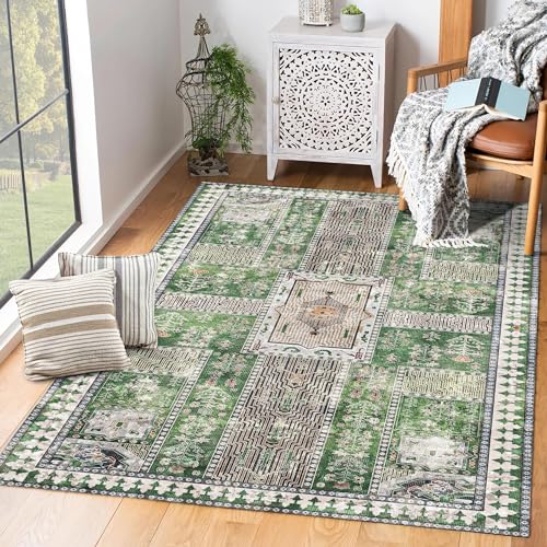 YARNSCAPE Vintage 3' x 5 ' Washable Area Rug - Stylish Indoor Rug for Living, Dining or Bedroom - Lightweight Carpet with Non-Slip Backing - Foldable for Easy Placement and Maintenance - Green - color: Vintage-green, size: 3' x 5' (Rectangular)