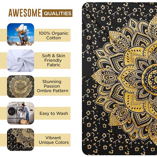 Rajsee Gold Mandala Tapestry - Boho Bedroom Aesthetic - Trippy Cute Wall Hanging - Black Gold Wall Art 52x82 Inches - color: Black and Gold, size: 82"L x 52"W