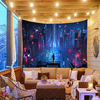 Aidatain Punk Cityscape Tapestry Skyscrapers Skyline 3D Urben Building Neon Lights Night Wall Hanging Tapestries Flannel Large Size 80" 60" for Bedroom Living Room GTWHAT102 - color: Punk Cityscape