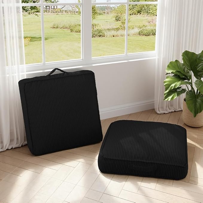 Floor Pillow for Adults Set of 2, 4" Square Floor Cushions with Washable Cover, Large Corduroy Meditation Pillow, 22 inches Tatami Seat with Handle for Living Room or Yoga, Black
