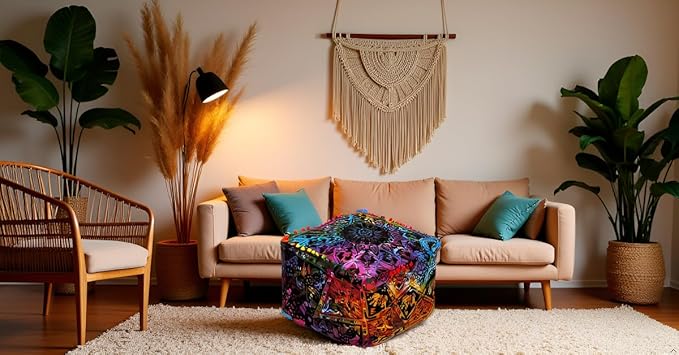 CRAFT KALA Square Mandala Floor Pillow Cushion Cover Seating Throw Cover Hippie Decorative Bohemian Ottoman Cover Poufs Pom Pillow Cases Boho Cotton Living Room Home Décor 20X20X14 inches, Multi Star