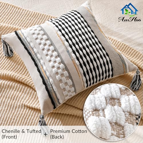 AmHoo Set of 2 Chenille Striped Textured Boho Throw Pillow Covers Aesthetic with Tassels Woven Decorative Pillow Case for Couch Bed Sofa Bedroom Modern Funky 18 x 18-Inch Black - color: Black, size: 18" x 18" (Pack of 2)