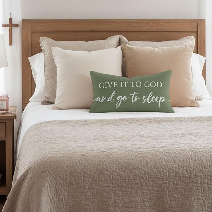 Decorative Throw Pillow Covers 12x20 Inch Set of 2 – Olive Green Christian Lumbar Pillowcase – Give It to God and Go to Sleep/Relax God’s Got This – Faith Bedroom Bed Decor
