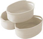 Woven Basket,Small Rope Storage Bin with Handles & Ribbon Bag, Organizer for Shelves Closets,Gift Basket Empty for Birthday,Books,Dog Toys,White/3 Pack