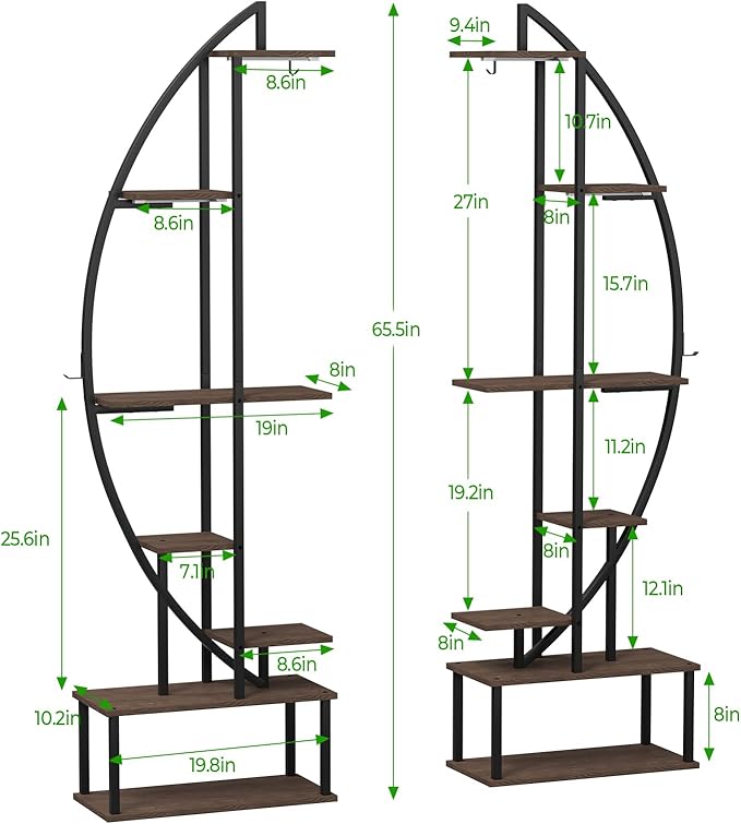 Plant Stand Shelf Rack Indoor with 6 Built in Grow Light, 7 Tiered 65" Tall Black Large Lighted Half Moon Curved Plant Stand for Indoor Growing, 2 Pack Arch Sturdy High Herb Flower Shelving