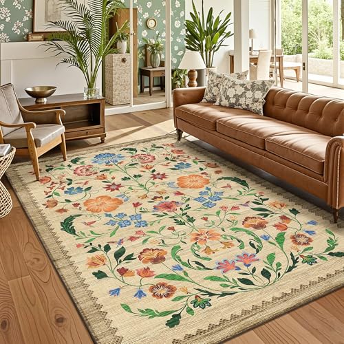 GarveeHome Washable Rug 5x7 Area Rugs for Living Room, Floral Rug for Bedroom, Soft Boho Non Slip Throw Rugs with Rubber Back, Low Pile Stain Resistant Vintage Floral Carpet for Dining Room, Beige - color: C Brown, size: 5' x 7' (Rectangular)