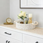 Handwoven Storage Basket Organizer with Wooden Beads Handles, Boho Decor Round Macrame Shelf Basket for Bedroom Living Room Entryway Decorative Counter Home Decor, White