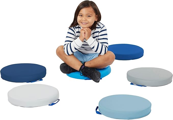 Factory Direct Partners SoftScape 15 inch Round Classroom Floor Cushions with Handles Flexible Seating for Daycare, Preschool, Playroom 2 inch Thick Deluxe Foam (6-Piece) - Navy/Powder Blue