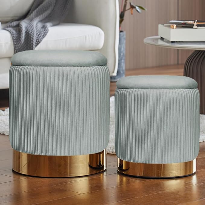Round Ottoman with Storage Set of 2 Upholstered Velvet Vanity Stool for Living Room Storage Ottomans Multifunctional Foot Rest (Light Grey)