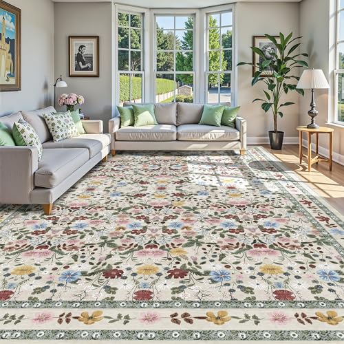 Deerly Extra Large Floral Washable Area Rug 10x14 for Living Room Vintage Soft Low Pile Indoor Carpet for Bedroom Boho Non-Slip Floor Mat for Dining Room Playroom Farmhouse, Beige/Green/Multi - color: Beige/Green/Multi, size: 10' x 14' (Rectangular)