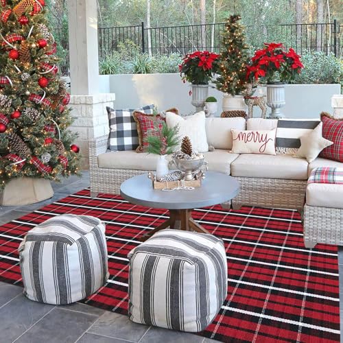 Buffalo Plaid Outdoor Rug, 4' x 6' Christmas Red & Black Check Indoor/Outdoor Area Rug, Layering Rug for Hello/Welcome Door Mat, Machine Washable Cotton Woven Farmhouse Mat for Front Porch Decor - color: Christmas Plaid, size: 4' x 6' (Rectangular)