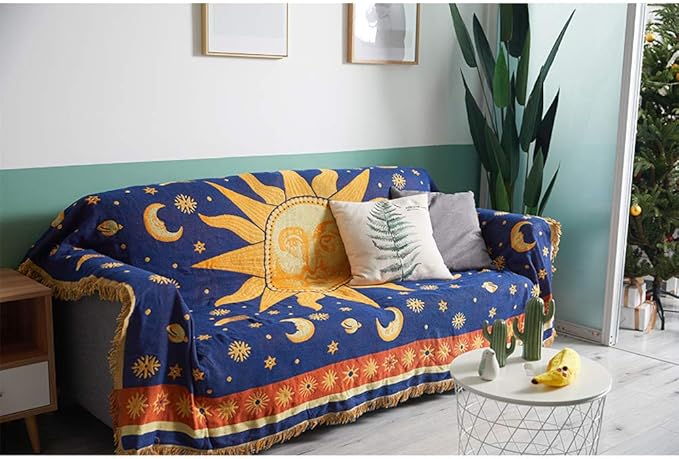 Erke 70" x 90" Sun and Moon Blanket Celestial Couch Sheet Cover Witchy Hippy Home Decoration, Double Sided Cotton Woven Hippie Throws Wicca Blankets for Couch Bed Recliner Decor - Yellow/Blue