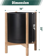 D'vine Dev Planter Pot with Stand - 16 Inch Plastic Cylinder Flower Pot with Wood Planter Holder for Indoor, Matte Black Pot + Natural Stand, 55-C-Y-2