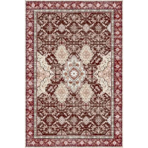 AMTOVO 6x9 Washable Area Rugs for Living Room, Non-Slip Boho Vintage Accent Medallion Print Pattern Carpet for Bedroom Dining Room Home Office Nursery Dorm Farmhouse, Vintage Red - color: Vintage Red, size: 6' x 9' (Rectangular)