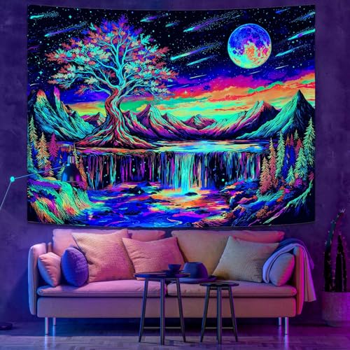 Zussun Blacklight Tree of Life Tapestry UV Reactive Moon Mountain Forest Waterfull Tapestry for Bedroom Aesthetic Nature Small Tapestries Wall Hanging for Dorm Living Room Decor 60 x 44 Inch - color: Warm Red, size: 60"L x 44"W