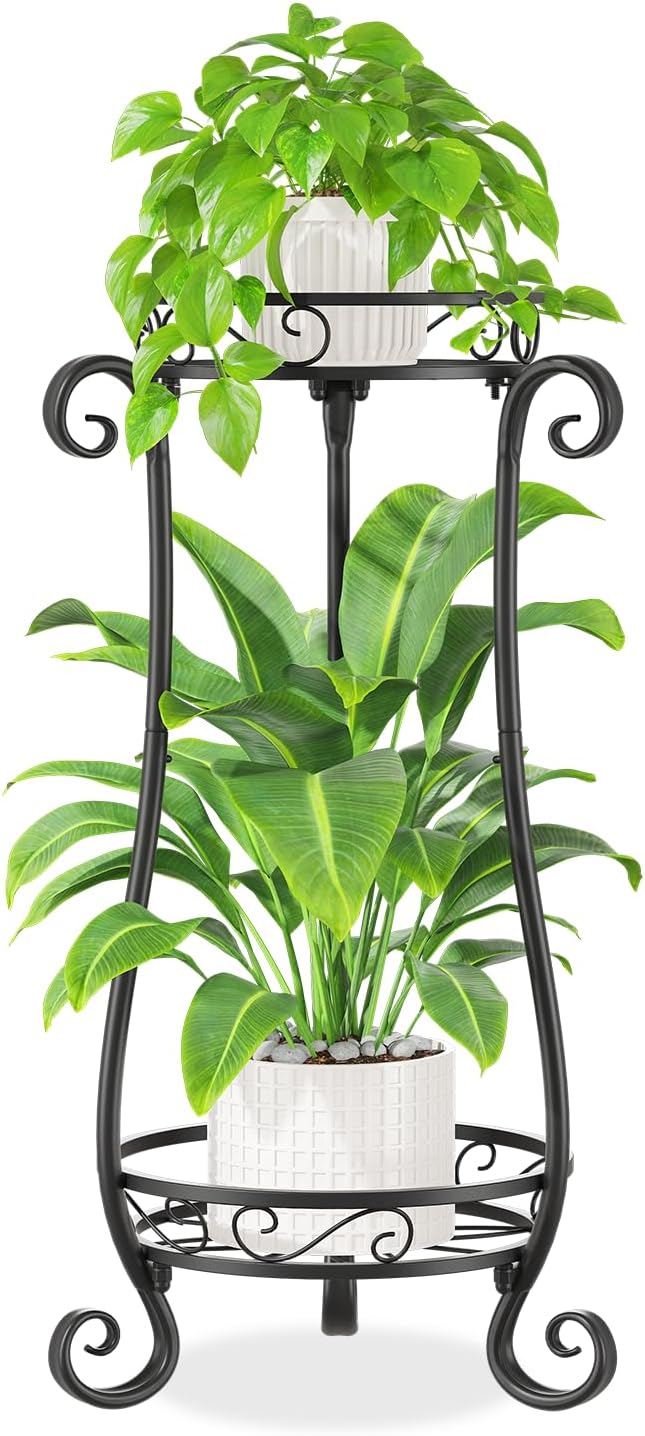 iDavosic.ly 2 Tier Metal Plant Stand Indoor Outdoor, Iron Corner Tall Flower Pot Holder Shelf, 27 Inch Vertical Heavy Duty Display Rack for Patio Porch Living Room Garden, Black