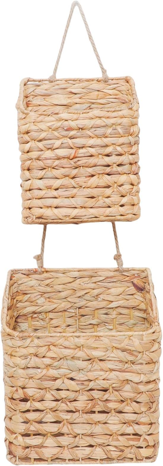 2-Tier Wall Hanging Wicker Water Hyacinth storage baskets Set,Woven Rustic Natural Farmhouse Door Baskets Organizer for decor,Kitchen Pantry, Home Office, Entryway, Bathroom