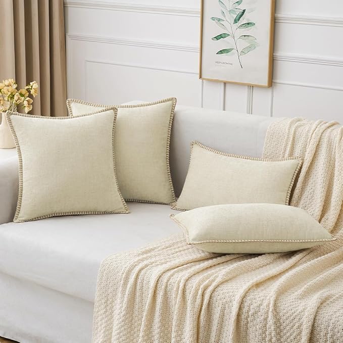 MIULEE Pack of 2 Christmas Pillow Covers 16x16 Inch Cream White Farmhouse Decorative Throw Pillow Covers with Stitched Edge Soft Chenille Solid Dyed Couch Pillow Covers for Sofa Bed Living Room